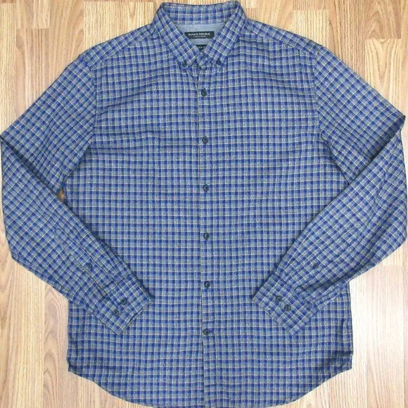 BANANA REPUBLIC FLANNEL SHIRT CAMDEN FIT 100% COTTON BLUE,GRAY& YELLOW  MEDIUM, M